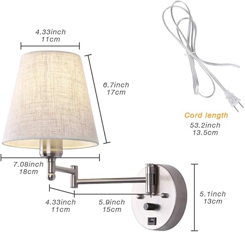Miniatura 8 de Lámpara de pared para mesita de noche con interruptor regulable y puerto USB, lámpara de pared con brazo oscilante con cable enchufable, lámpara de