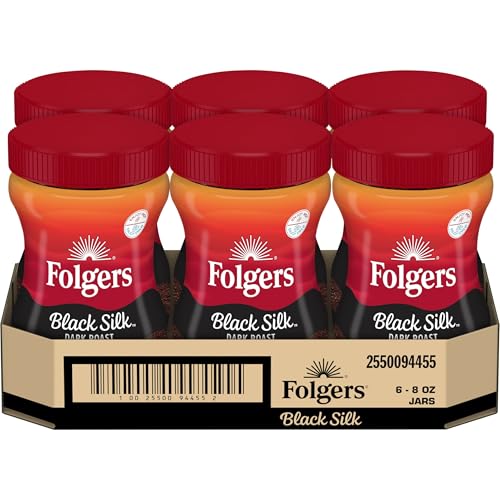 Image of Folgers Black Silk Instant Coffee, Dark Roast, 6 Jars | 8-oz. jars, Great for hot or iced coffee, Just stir and enjoy