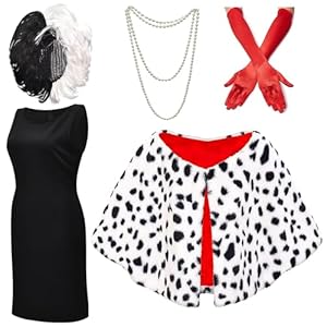 Z-Shop Halloween Costumes for Womens – Dalmatian Shawl, Fancy Dress Cosplay,Red Gloves,Black White Wig, Long Holder, Pearl Necklace,XL