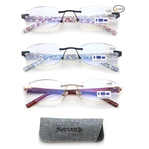 Jorcensey 3 Pack Rimless Reading Glasses For Women Men Blue Light Blocking Readers Classic Computer Eyeglasses (Mix,+2.00 Magnification Strength) #TOP12