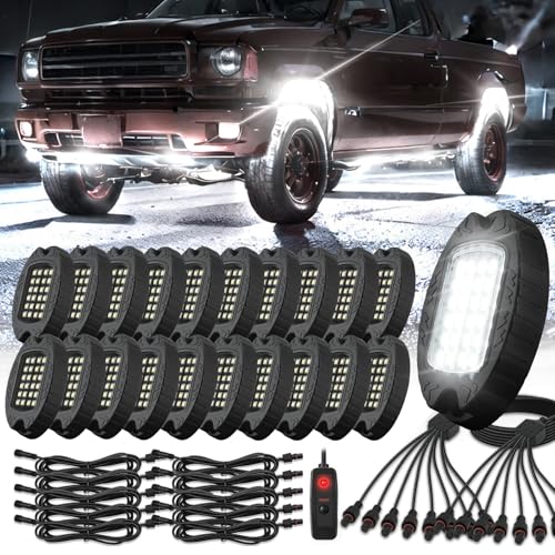 20 Pods Alloy Pure White LED Rock Lights with Extension Wires, IP68 Waterproof Shockproof 24LEDs 6500K Super Bright White Neon Underglow Kit for Semi Trucks Trailer Offroad Pickup Boats Sedans RV