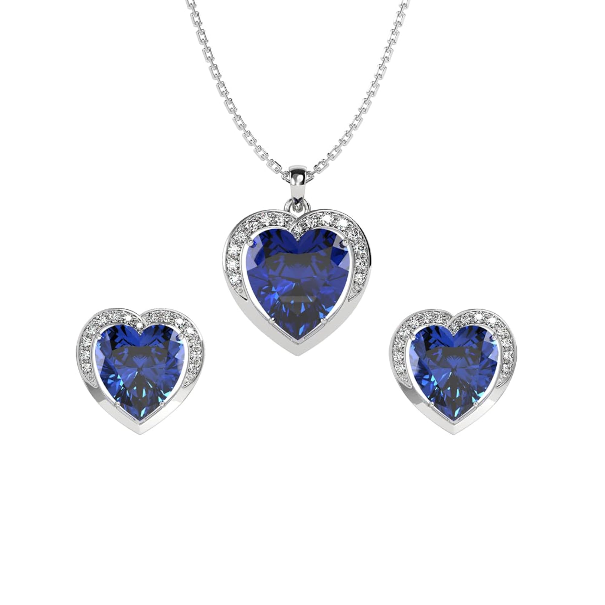 Women's 925 Sterling Silver Royal Blue Heart Pendant Earring Chain Set