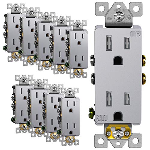 Image of ENERLITES Elite Series Decorator Receptacle Outlet Child Safe Tamper-Resistant, Gloss Finish, Self-Grounding, 2-Pole, Residential Grade, 15A 125V, UL Listed, 61501-TR-SV-10PCS, Silver (10 Pack)