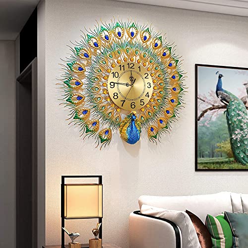 Image of Luxury Large Peacock Wall Clock 23.7 inch Non-Ticking Silent Crystal Creative Personality Modern Art Decorative Wall Clocks for Living Room Decor (Blue&Green-S)