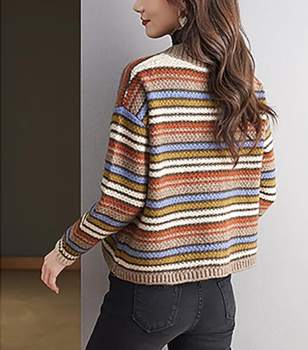 Image of LAI MENG FIVE CATS Women's Striped Cable Knit Sweater Cardigan Long Sleeve Open Front Button Fall Outerwear