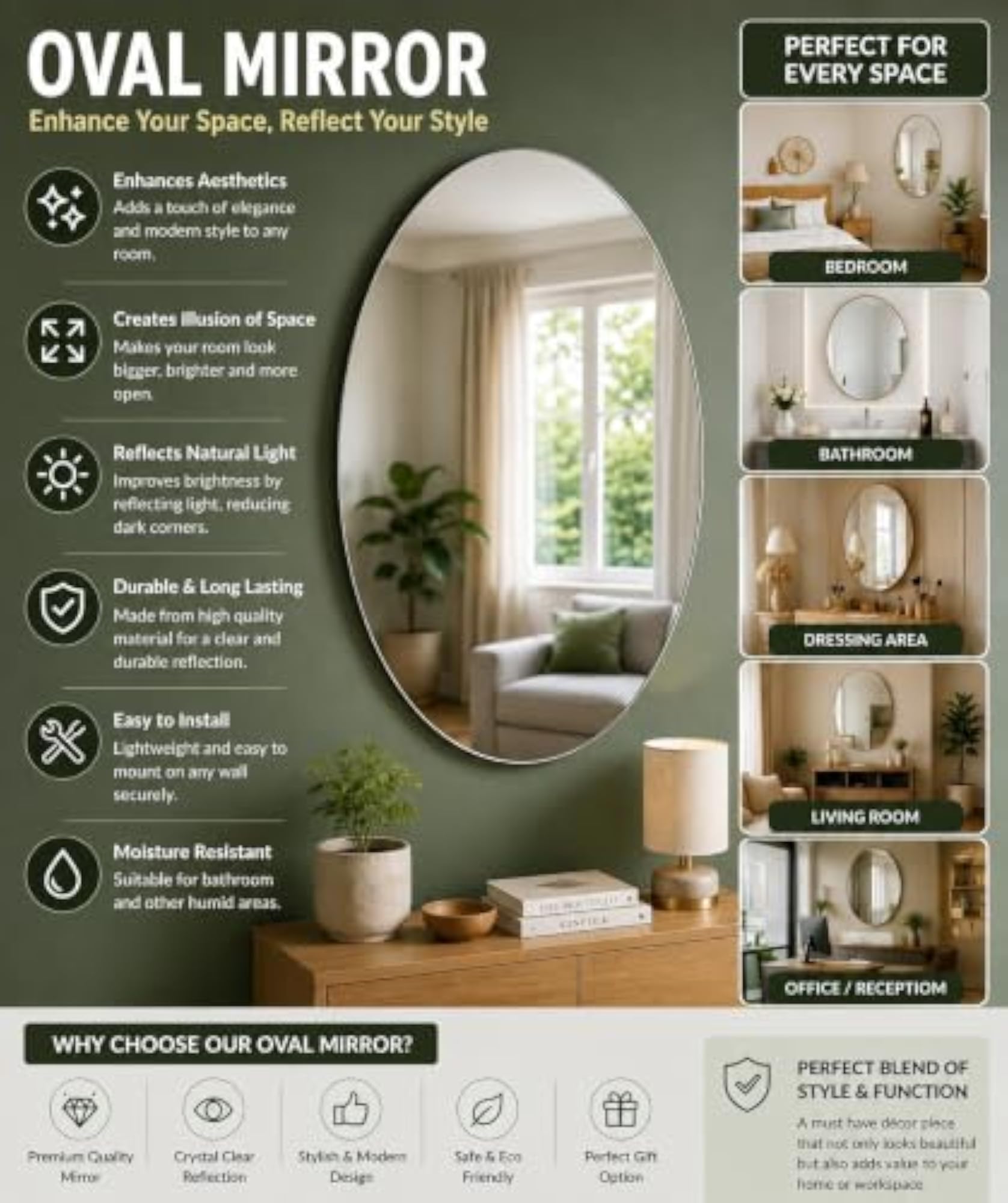 Oval Acrylic Mirror Sticker 30X20 cm, Self Adhesive