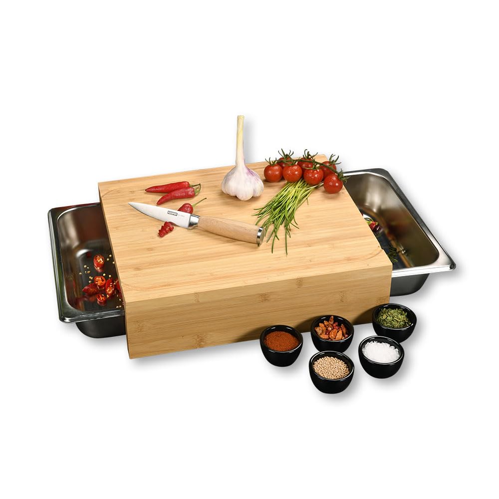 Kesper | Planche à découper avec 2 bols en acier inoxydable | Bambou FSC Bac récupérateur Norme Gastro 1/4, 35 x 29 x 9,5 cm, planche de cuisine durable | 58355