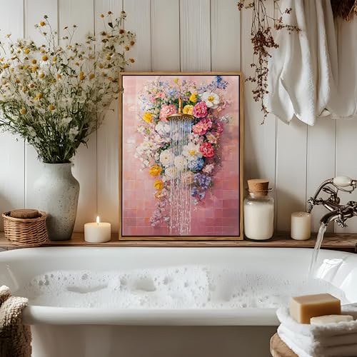 Floating Framed Floral Shower Wall Art, Pink Bathroom Flower Canvas Print, Romantic Blooming Roses Waterfall Painting, Cottagecore Botanical Wall Decor for Bathroom Bedroom Living Room 12x16 Inch by Yaneiro - Used condition - Image 8