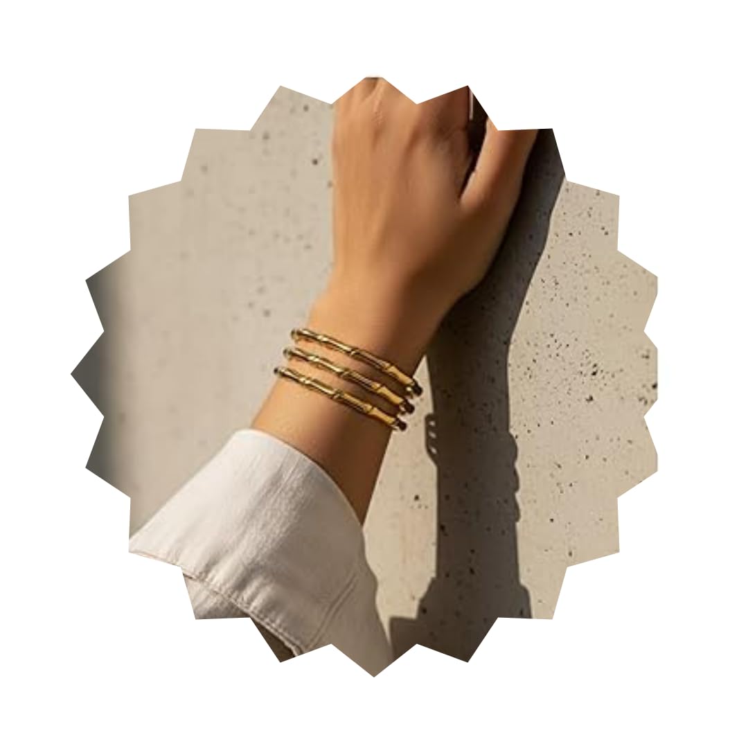 18K Gold Plated Bamboo Inspired Triple Layer Cuff Bracelet for Women | Adjustable Open Kada Bangle | Anti-Tarnish Stainless Steel Jewellery-image-35