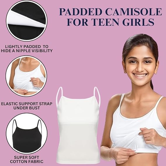KIKWIT Padded Slip for Girls, Teenage Camisole, Spaghetti Top, Tank Tops for Girl, Adjustuble & Stretchable, White (11-12 Years, Off-White) 1