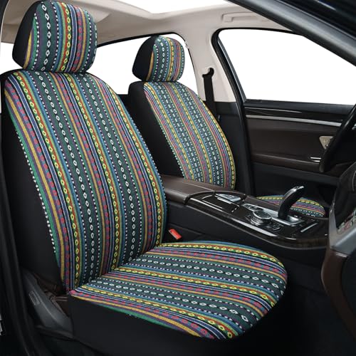 SCOMEE Baja Saddle Blanket Car Seat Covers Boho Striped Woven Front Seat Protectors Breathable & Washable Interior Covers Universal Fit for Most Cars SUVs Trucks Airbag Compatible Green 8 pcs.