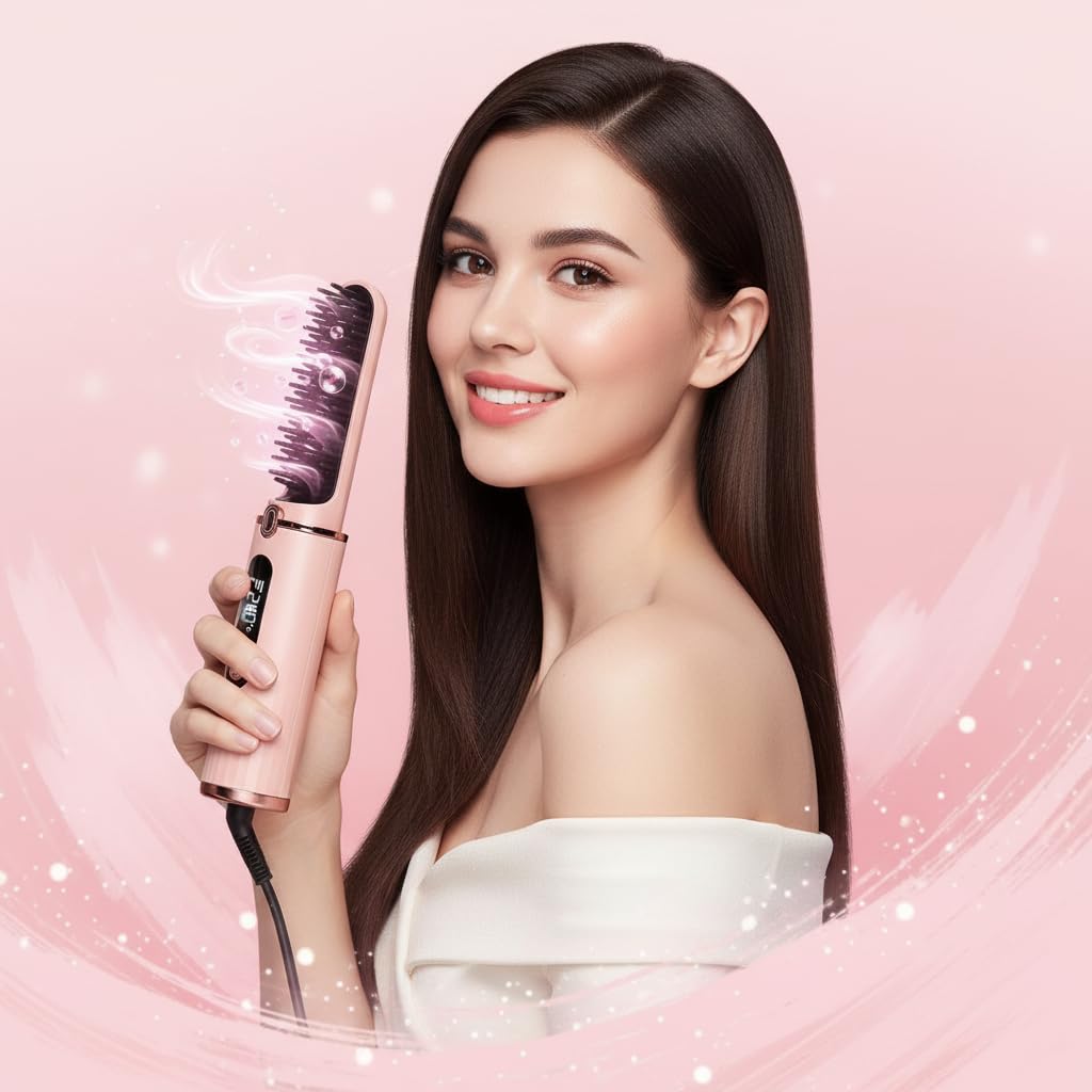 Cordless Hair Straightener Brush with Negative Ion Ceramic Bristles