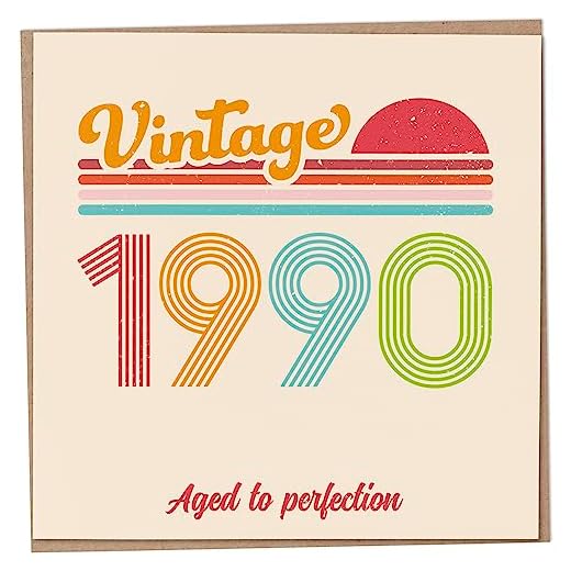 Tarjeta de cumpleaños 34 – Vintage 1990 Aged to Perfection, divertida tarjeta de felicitación para hombres y mujeres, tarjetas de cumpleaños para mujeres, tarjetas de cumpleaños para hombres, tarjeta