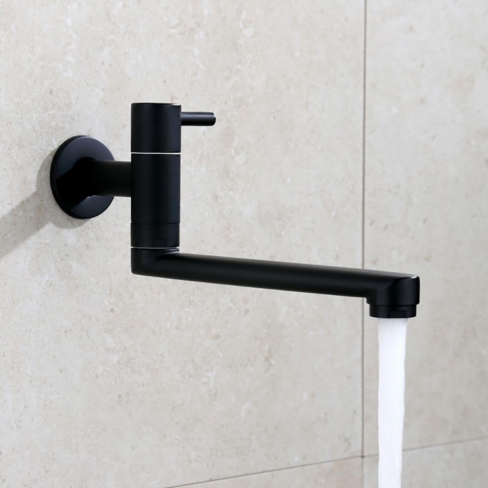 HomeLava Rubinetto da cucina, montaggio a parete, solo acqua fredda, rubinetto da parete, rubinetto per acqua fredda con 360 rotante, beccuccio lungo 23 cm, in acciaio inox, nero