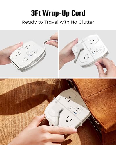 Image of 20W Travel Power Strip SUPERDANNY 3-Foot Wrap Up Extension Cord with 3 Outlets and 3 Fast Charging USBs, No Surge Protector Cruise Approved Portable Mini Travel Charger for Home Office Hotel, White