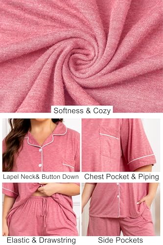 Image of Vozanet Women Plus Size Pajamas Button Down Rayon Softness PJS Classic Sleepwear Short Long Loungewear 2pcs with Pockets
