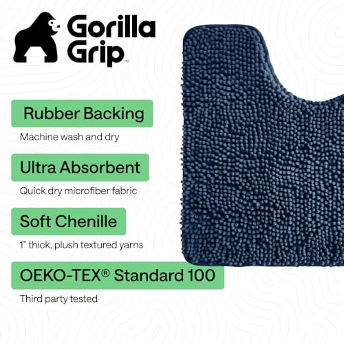 Image of Gorilla Grip Original Shaggy Chenille Oval U-Shape Contoured Mat for Base of Toilet, 22.5x19.5 Size, Machine Wash and Dry, Soft Plush Absorbent Contour Carpet Mats for Bathroom Toilets, Navy Blue