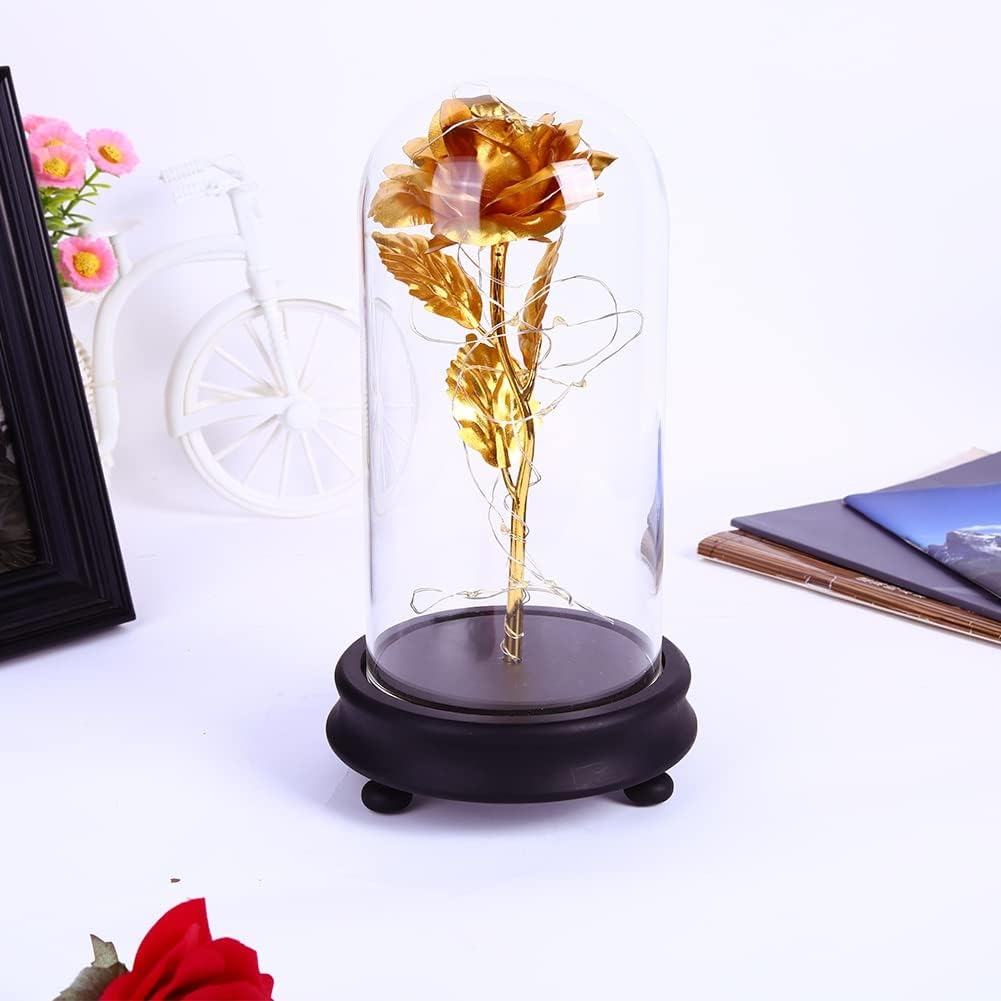 Forart 24k Gold Rose Galaxy Flower, Romantic Rose in a Glass Dome with LED Light Gift Box for Wedding, Valentine's Day, Mothers Day, Christmas