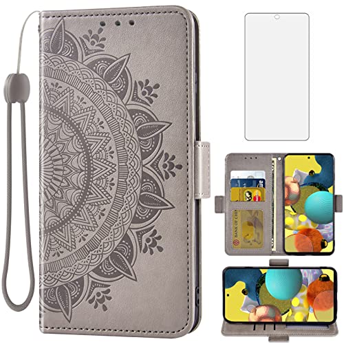 Asuwish Compatible with Samsung Galaxy A51 5G/A 51 5G UW Verizon Wallet Case Tempered Glass Screen Protector Card Holder Flip Wrist Strap Stand Cell Phone Cover for Glaxay 51A G5 Gaxaly S51 Grey