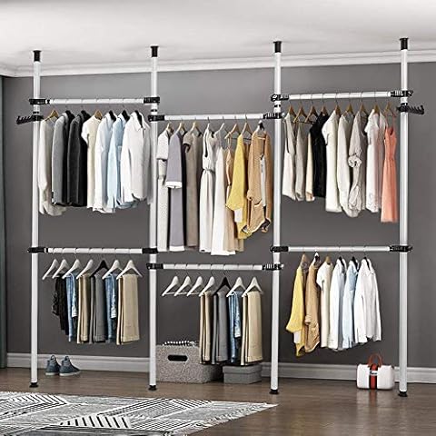 Heavy Duty Clothes Rack, 4 Poles 6 Bars Telescopic Coat Hanger Wardrobe Organiser, Hanging Rail, Garment Rack, Stainless Steel Poles and Bars, 60kg Loading per Horizontal Bar, Height Adjustable Cover