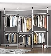 Heavy Duty Clothes Rack, 4 Poles 6 Bars Telescopic Coat Hanger Wardrobe Organiser, Hanging Rail, ...