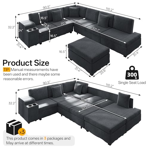 Image of KEIKI 110 inch L-Shaped Oversized Plush Corduroy Modular Sectional Sofa with Pull-Out Bed, Convertible 6-Seater Sleeper Couch Bed with 1 Ottomans & USB & Cup Holders, Easy Assembly, for Living Room, Gray