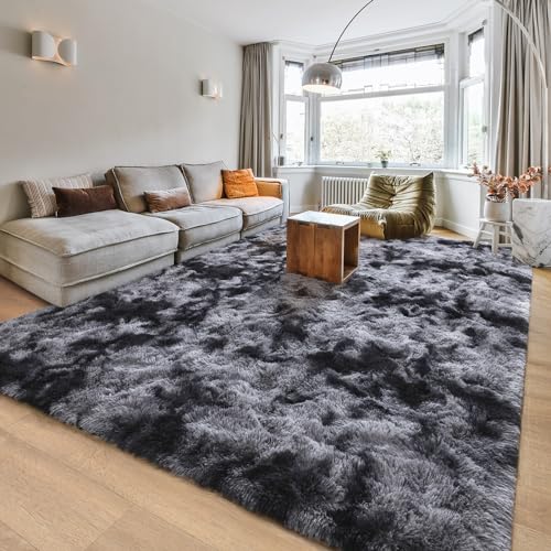 HOMORE 8'x10' Area Rugs for Living Room, Soft Fluffy Rug for Bedroom, Non Slip Shaggy Plush Carpet for Kids Nursery Toddler, Tie Dye Rugs for Room Floor Decor, Dark Gray/Black