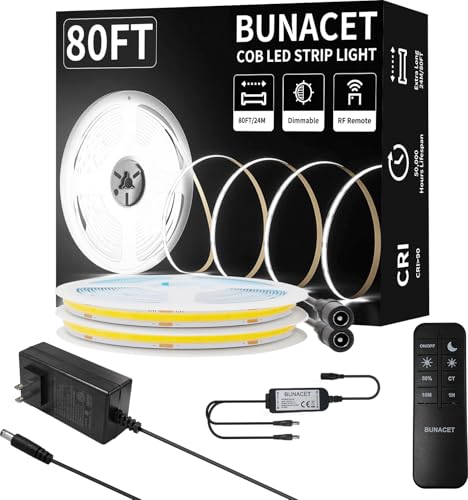 Image of 80FT /24m COB LED Strip Light (2 Rolls of 40ft) Warm White Dimmable 6500K High Lumen CRI 90+ with 24V Power Adapter RF Remote LED Lights for Bedroom Counter Under Cabinet Kitchen Projects | Dimmable High Lumen CRI 90+ with 24V Power Adapter RF Remote LED Lights for Bedroom Counter Under Cabinet Kitchen Projects