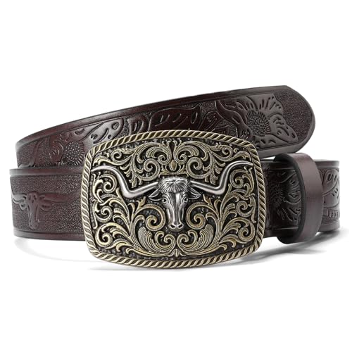 Western Cowboy Genuine Leather Belt with Longhorn Bull Buckle and Floral Engraving