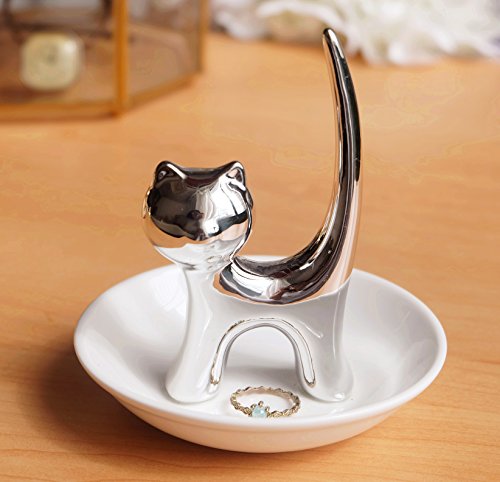 Image of PUDDING CABIN Ring Holder Dish, Sliver Cat, Jewelry Storage for Women, Cat Lover Gifts, Christmas, Mother's Day, Birthday, Wedding, Engagement, Valentine's Day