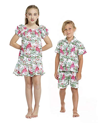 Matching Siblings Hawaiian Luau Girl Simple Muumuu Dress Boy Shirt Flamingo in Love