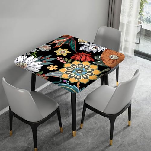 Boho Floral Square Fitted Tablecloth, Flowers Black Vintage Card Table Cover, Outdoor Washable Elastic Table Cloth Plastic Cover for Square Table for Picnic Garden Patio, Fits to 36x36 In Table by Meetfeb - Used condition - Image 4
