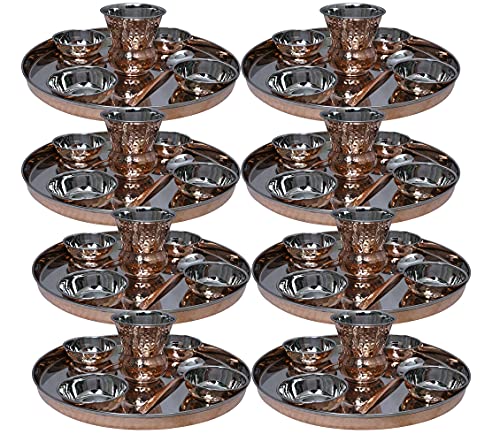 Pack Of 8 Set Stainless Steel Copper Traditional Dinnerware Set Of Thali Plate, Bowls, Glass And Spoon, Diameter 12 Inch #TOP22