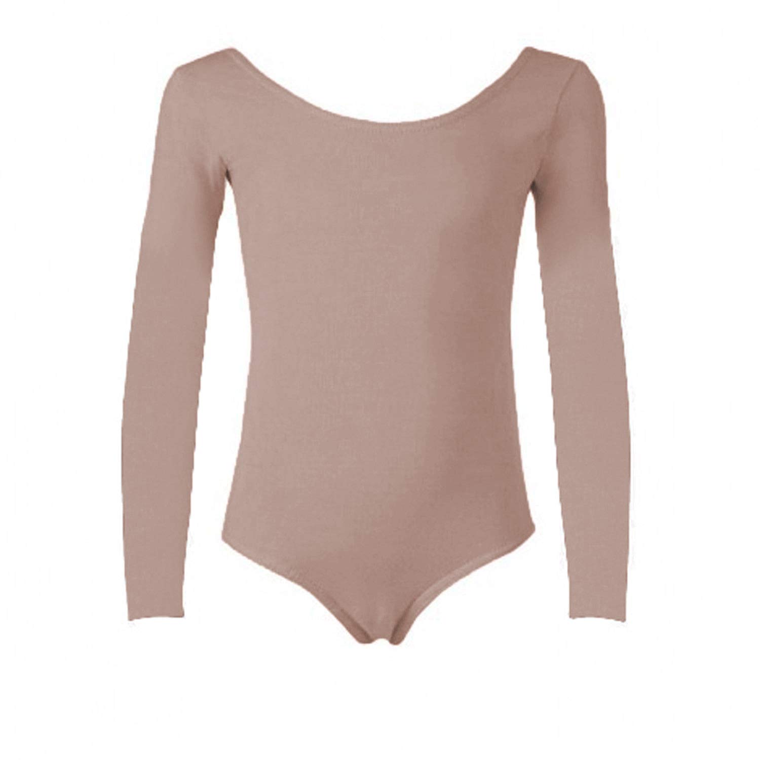 Futura London Tan Nude Low U Back Girls Kids Cotton Ballet Dancewear Long Sleeve Leotard Bodysuit (AGE 11/13)