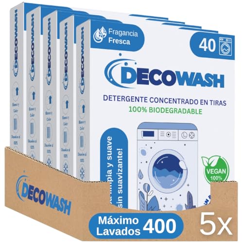 Detergente en Tiras para Lavadora (Máximo 400 Lavados) - Efecto Suavizante, Ecológico, Hipoalergénico, Vegano y Cruelty Free - Pack de 5 Unidades - (Fragancia Fresca)