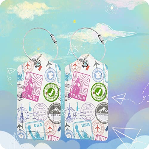 Image of Set of 2 Luggage Tag for Suitcases Leather Stamp Baggage Tags with Stainless Steel Loop Privacy Name ID Card Cover Travel Bag Labels Set for Women Men Kids Girls