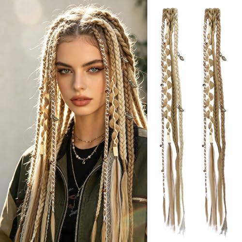 HIVTE Extensiones de trenzas con clip, 40 cm, pelo sintético blanco roto, trenzas bohemias para peinados diarios
