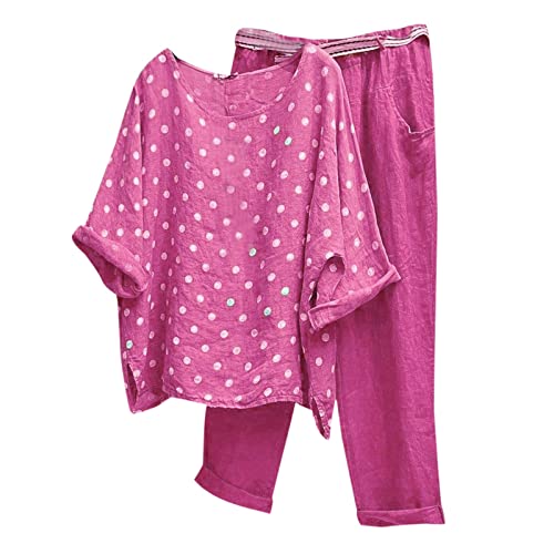 Traje de ocio para mujer de verano de lino: traje de pantalón para mujer, elegante, tallas grandes, dos piezas, holgado, lunares, blusas de manga larga + pantalones anchos, chándal, informal, ligero,