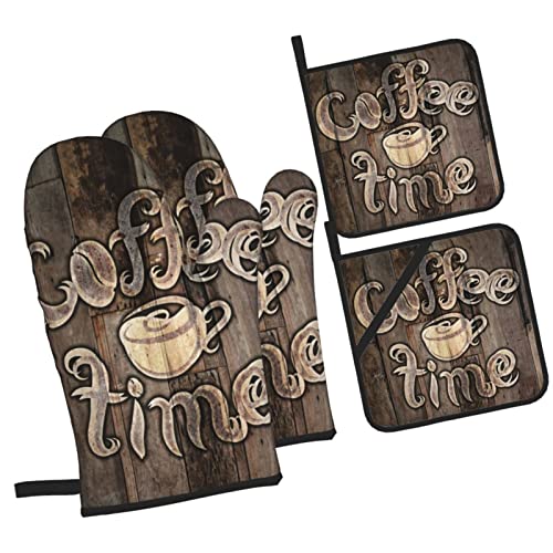 Donmyer Oven Mitts And Pot Holders Sets Of 4 Grunge Lettering Modern Coffee Time Cup Retro Wood Heat Resistant Gloves Set Potholders For Kitchen Grilling Non-Slip Cooking Mitts, 7.2X11In+8X8In #TOP1