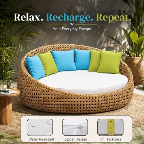 Image of DEVOKO Outdoor Double Seater Wicker Patio Weatherproof Daybed with Water-Resistant Cushions Furniture for Poolside,Garden,Balcony,Terrace(Honey Wicker & White Cushion)