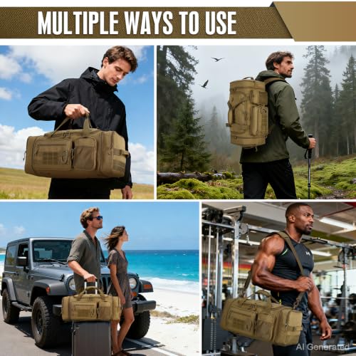 3 in 1 Tactical Gym Bag Backpack for Men 40-45L Expandable Travel Duffle Bag for Women Military Sport Duffel Bags Weekend Overnight with Shoe Compartment & Wet Pocket for Fitness, Brown - Image 3