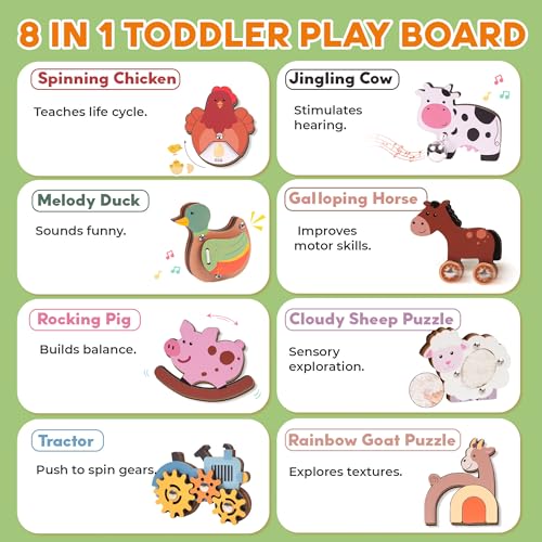 Image of KALOTOYS Wooden Farm Animal Puzzle for Toddlers 1-3 - 8 Piece Montessori Sound & Sensory Puzzle with Textures & Spinning Tractor Gears - Fine Motor Learning Toy & Autism-Friendly Baby Gift