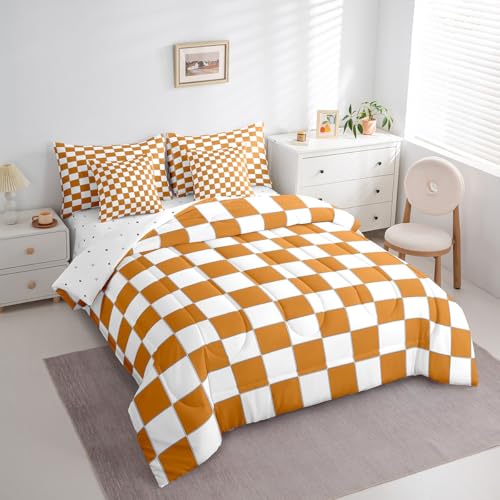 Image of Erosebridal White Orange Checkered Queen Bedding Set 7 Piece Buffalo Plaid Grid Comforter Set with Sheets,Checkerboard Bed in A Bag for Kids Adults Men Women Aesthetics Gingham Bed Set