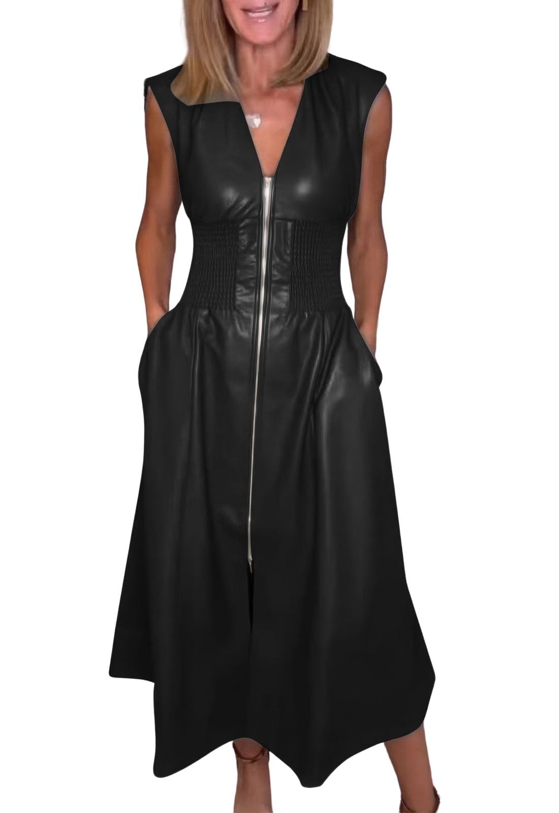 ebossy Womens Vintage PU Leather Vests Cap Sleeve High Waist Zip Up A-Line Long Dress with Pockets