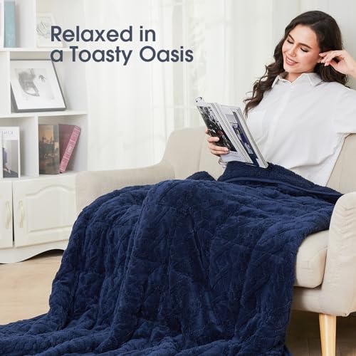 Drewin Weighted Blanket for Adults 20lbs Dual Sided Sherpa Weighted Blankets Posh Jacquard Cozy Warm Weighted Throw Blanket for Sleeping and Calming, Queen Size 60x80 inches, Navy Blue - Image 6