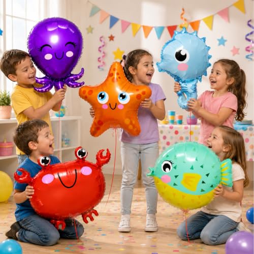 Image of Rozi Decoration 5 Pcs Under The Sea Theme Foil Balloon for Birthday Decoration | Ocean Animals Foil Balloon with Octopus, Starfish, Crab, Seahorse & Puffer Fish | Mermaid Theme Birthday Decoration Kit