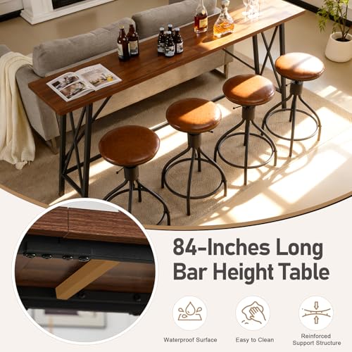 Karl home 83.8\" Bar Table and Chairs Set, Sofa Table with 4 PU Stools, High Top Counter Height Table with Chairs for Kitchen Breakfast, Bistro, Dining Room, Living Room, Brown - Thumbnail 4