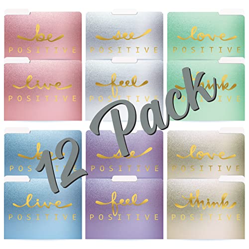 Decorative File Folders, 12 Pack, 6 Colors/6 Phrases, 12 Unique Designs, Heavyweight, Letter Size (9.5 X 11.5") With 1/3 Cut Tab, Gold Foil Positive Thoughts, Fashion Folders By Better Office Products #TOP4