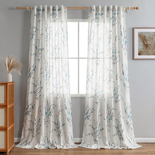 Image of MYSKY HOME Floral Sheer Curtains 95 Inch Long Linen Blended 2 Panels Teal