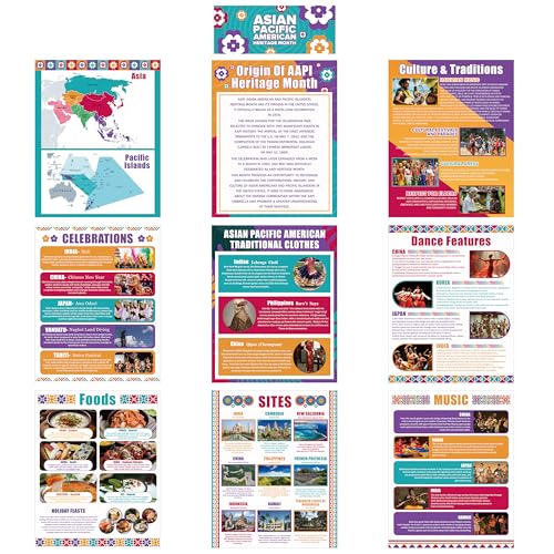 WATINC Asian American Islander Poster - 10PCS Asian American and Pacific Islander Heritage Month Bulletin Board Decorations for Classroom, AAPI Educational Materials for School Office Wall Decor